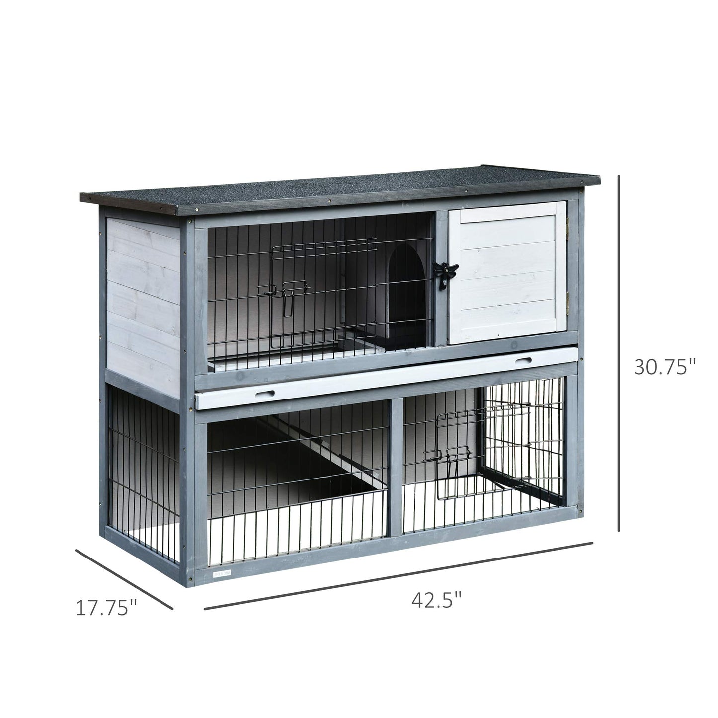 PawHut 43" L Wooden Rabbit Hutch Bunny Cage Small Animal House Enclosure with Ramp, Removable Tray and Weatherproof Roof for Outdoor, Grey - WoodArtSupply