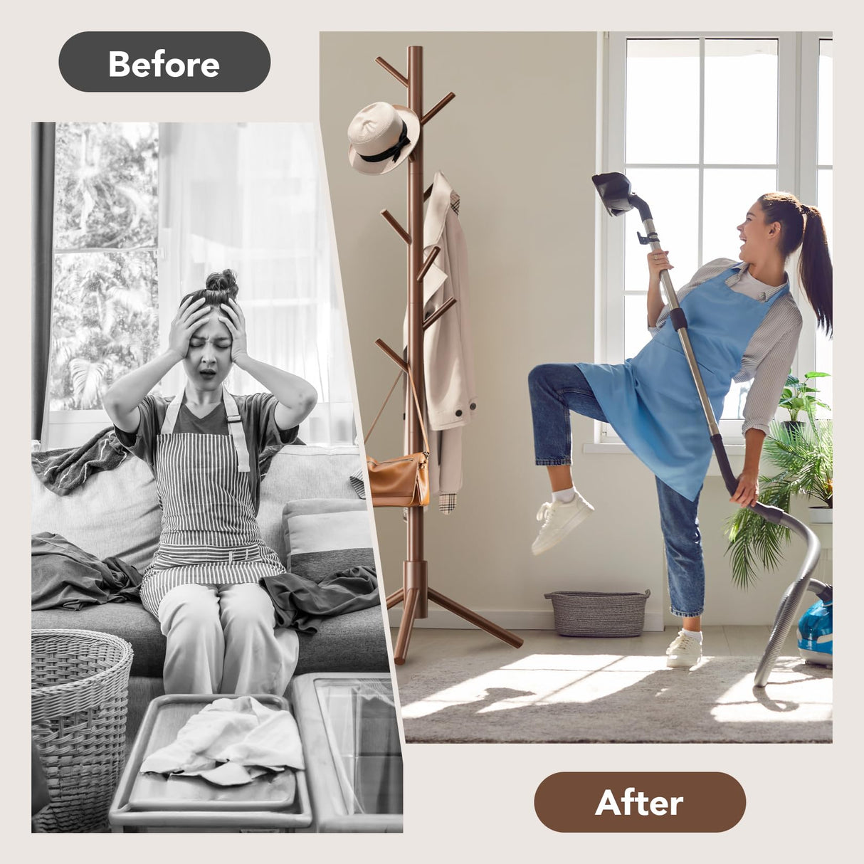 Hupmad Wooden Tree Coat Rack Stand,Sturdy Freestanding Coat Rack with 8 Hooks,3 Adjustable Height for Child Adult,Wood Coat Stand Tree Fits Entryway Bedroom Office for Bags,Hats Hupmad