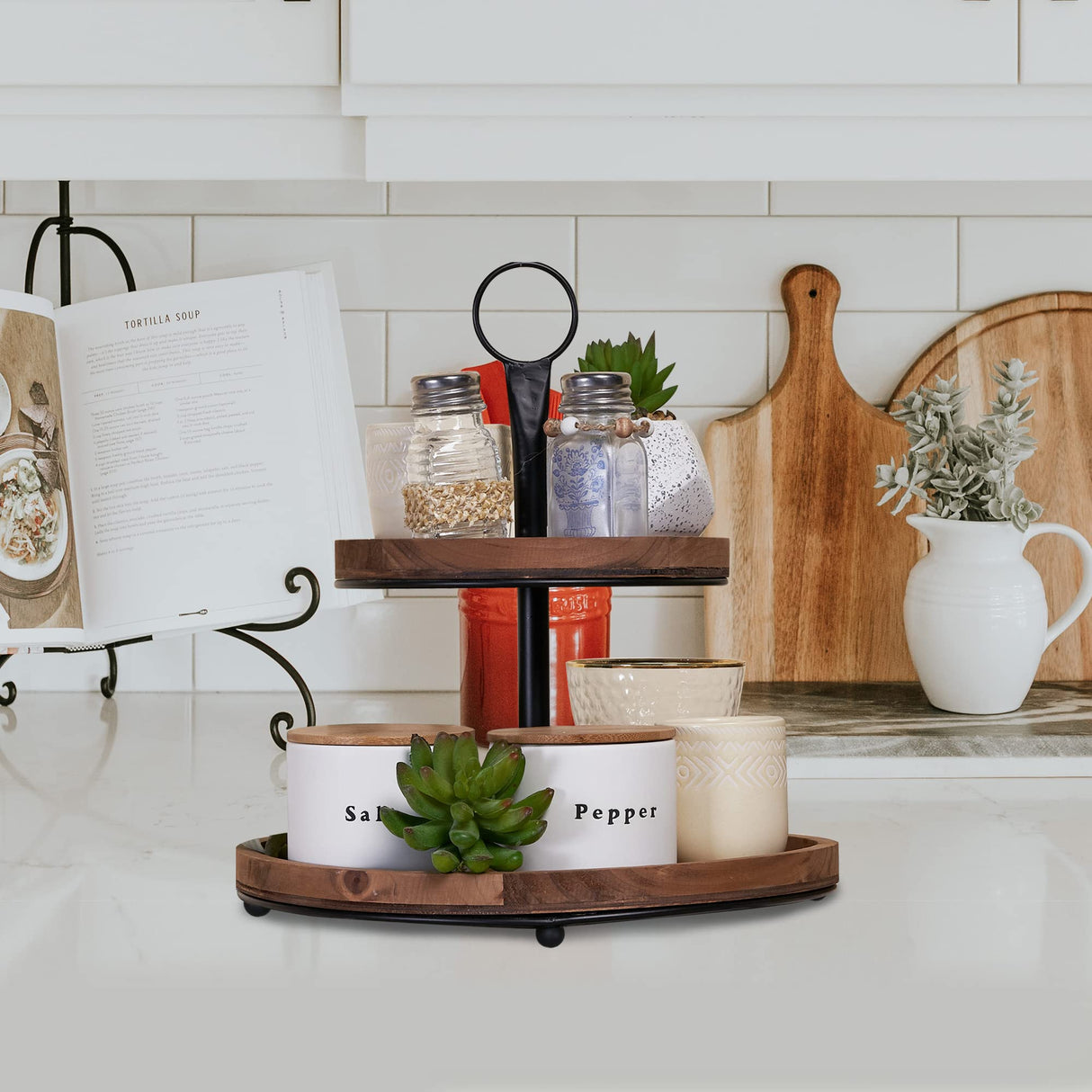 GENMOUS & CO. Farmhouse Tiered Tray Decor with Distressed Wood Bead Garland, Decorative 2 Tiered Serving Tray with Metal Handle for Rustic Home Décor GENMOUS & CO.