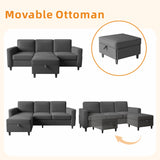 Sectional Sofa Couches for Living Room - 78'' Dark Grey 3 Seat L-Shaped Couch with Storage Ottoman, Modern Linen Convertible Sectionals Sofas with Chaise for Apartment, Office, Small Space Lonkwa