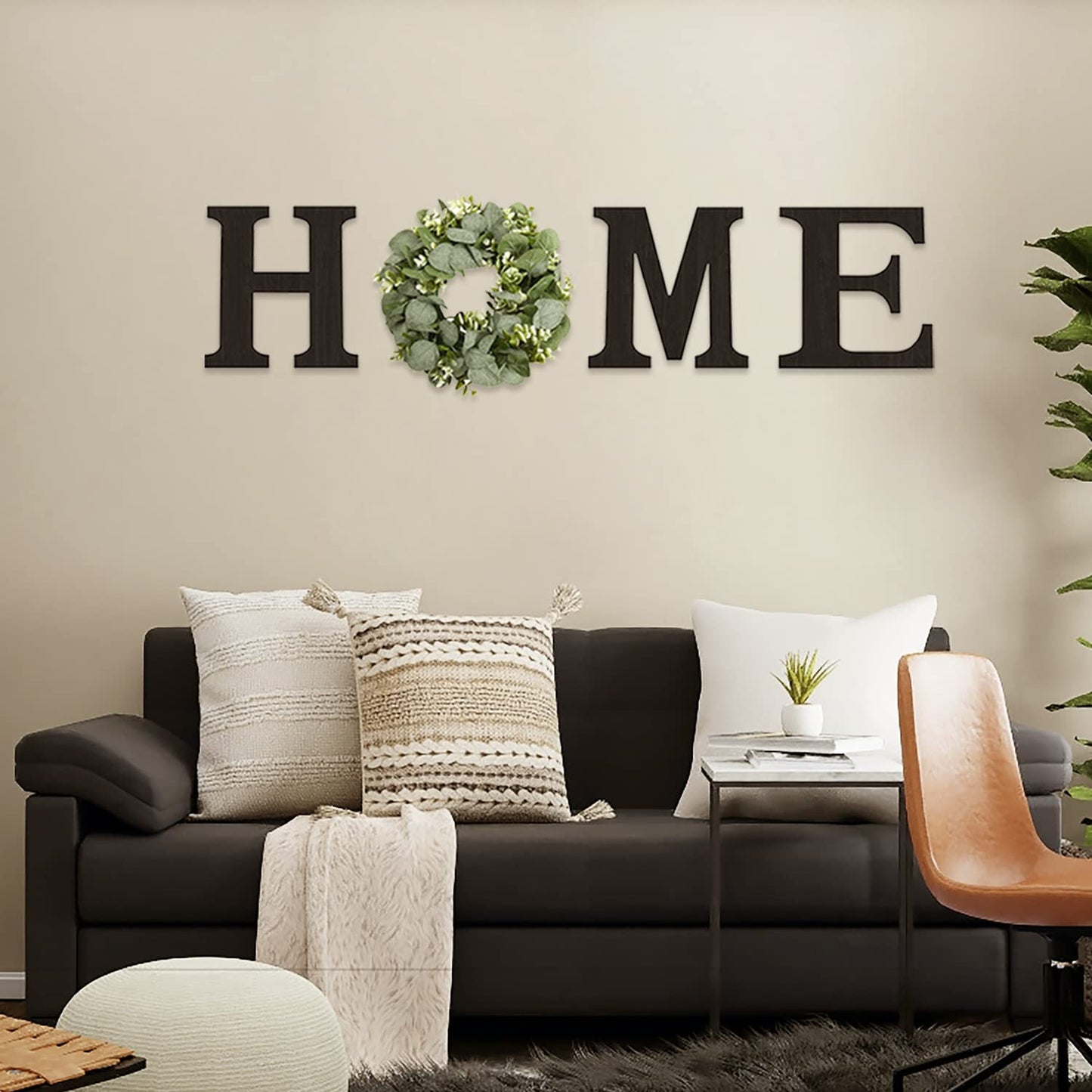 Wood Home Sign with Artificial Eucalyptus Wreath for O, Hanging Farmhouse Wall House Decor Wood Home Letters for Wall Art Rustic Home Decor, Home Wall Decor for Living Room Kitchen Entryway