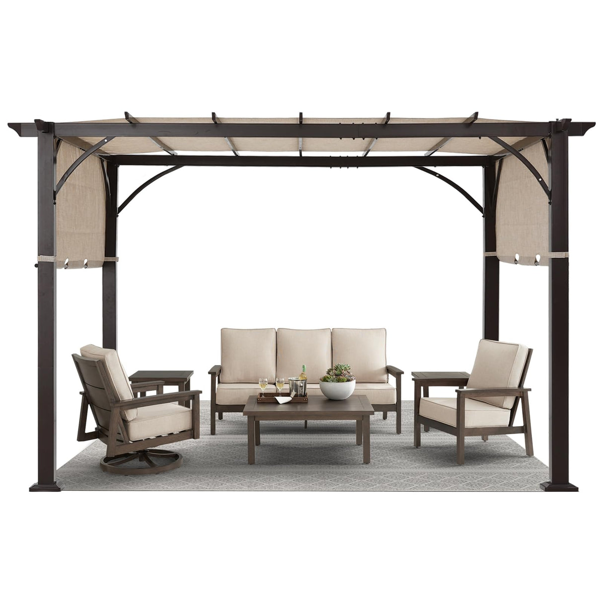 MASTERCANOPY 10' X 12' Outdoor Retractable Pergola with Adjustable Roof, Metal Patio Pergola for Backyard, Garden and Deck,Griege MASTERCANOPY