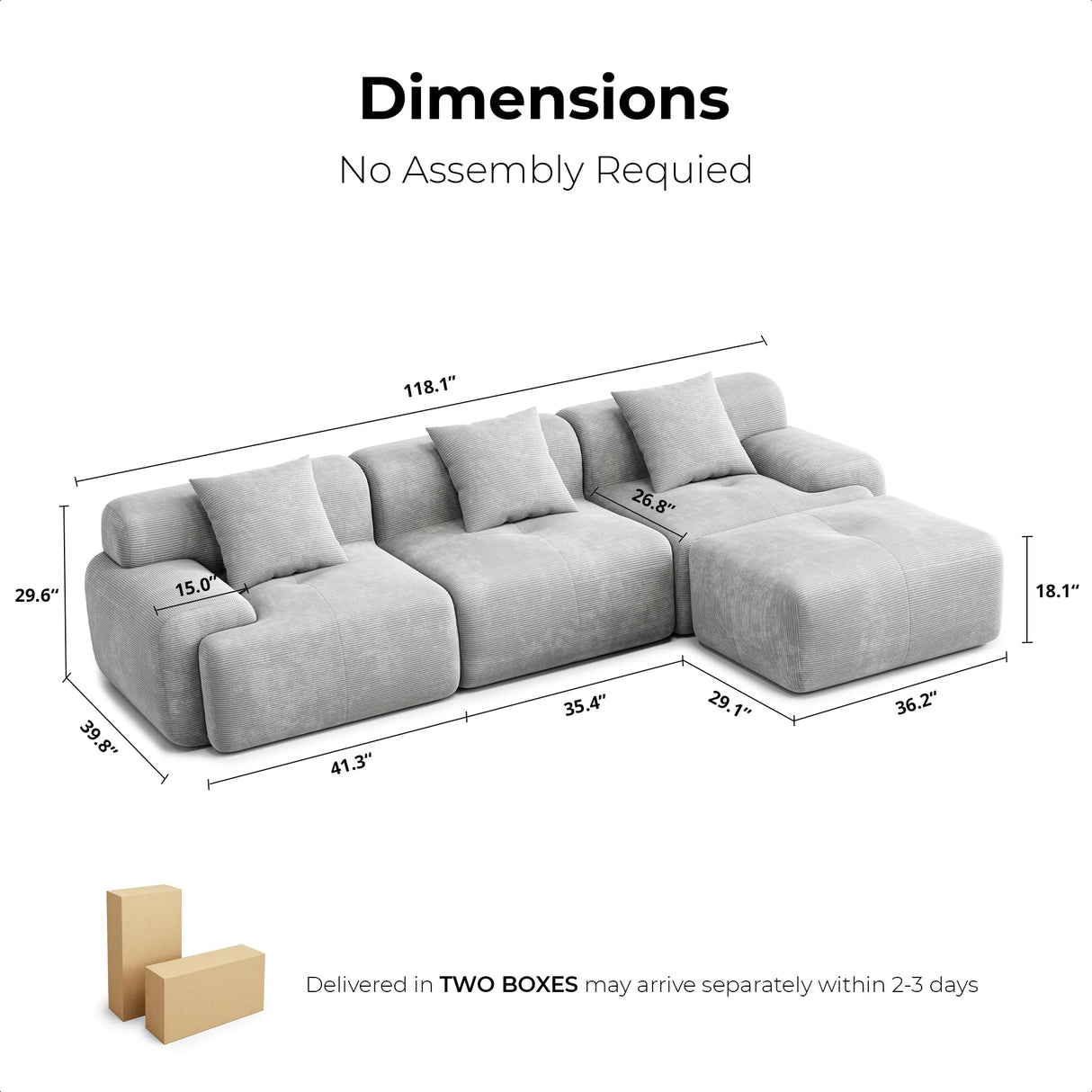 LIKIMIO 118" Modern L-Shaped Modular Sectional Sofa for Living Room, Corduroy Upholstery Grey, Oversized 3-Seater Couch with Deep Seat and Movable Ottoman – No Assembly LIKIMIO
