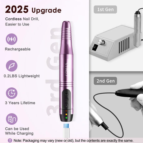 COSLUS Cordless Nail Drill Electric File: Professional for Acrylic Gel Dip Powder Nails Portable Nail Drill Machine Kit for Manicure Pedicure Nail Set with Everything Rechargeable Lightweight COSLUS