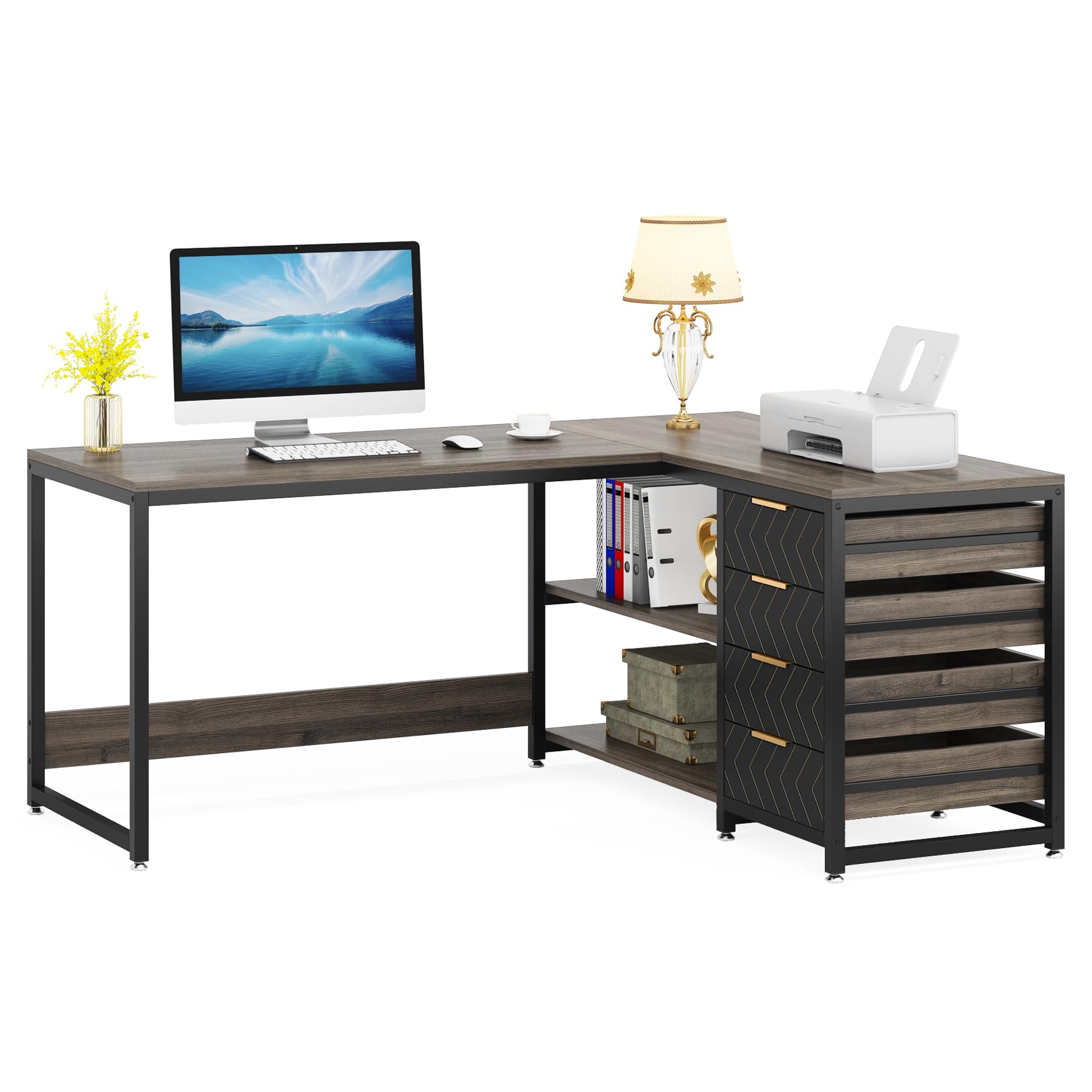 Tribesigns L Shaped Computer Desk with Storage Drawers, 59 inch Corner Desk with Shelves, Reversible L-Shaped Office Desk Writing Table Workstation for Home Office, Grey - WoodArtSupply