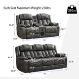 Manual Recliner Sofa Set with Wireless Charger for Living Room, Leather 3 Seater Reclining Sofa and Loveseat Seating Couch with Bass Speakers, LED Lights,Home Theater Love seat Sets with Console, Grey Comfort Stretch