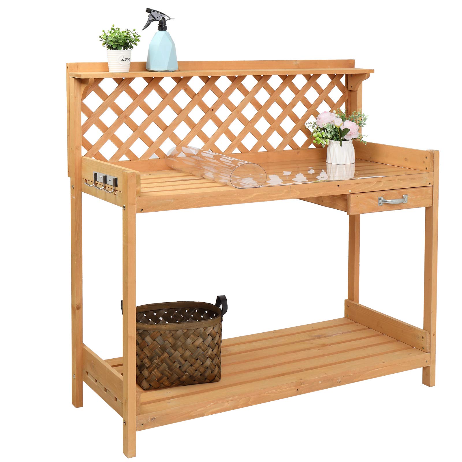 VINGLI Wood Garden Potting Bench Table with Cabinet Drawer, Open Shelf, Lower Storage and Hooks for Gardening Supplies (45 x 20 x 44in) - WoodArtSupply