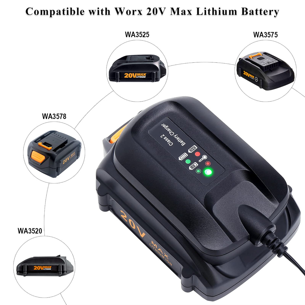 Elefly WA3742 Compatible with Worx 20V Battery Charger WA3732 Compatible with Worx 20V Lithium Battery WA3525 WA3520 WA3575 WA3578 ELEFLY