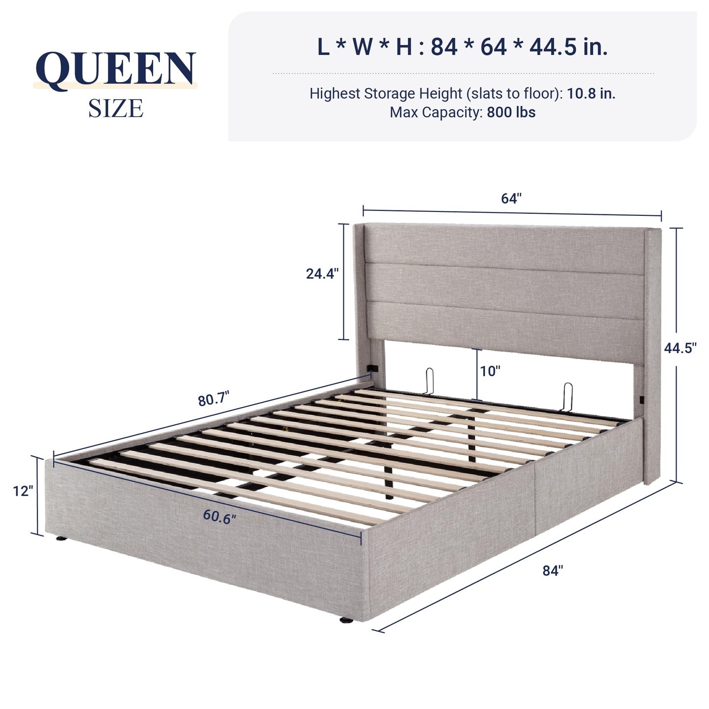 Allewie Queen Size Hydraulic Lift Storage Bed with Elegant Wingback Headboard in Light Beige - WoodArtSupply