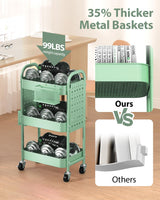 ALVOROG 3 Tier Rolling Cart with DIY Pegboards Metal Utility Cart with Wheels Handles Baskets Hooks, Storage Cart for Office Kitchen Bathroom(Green) ALVOROG