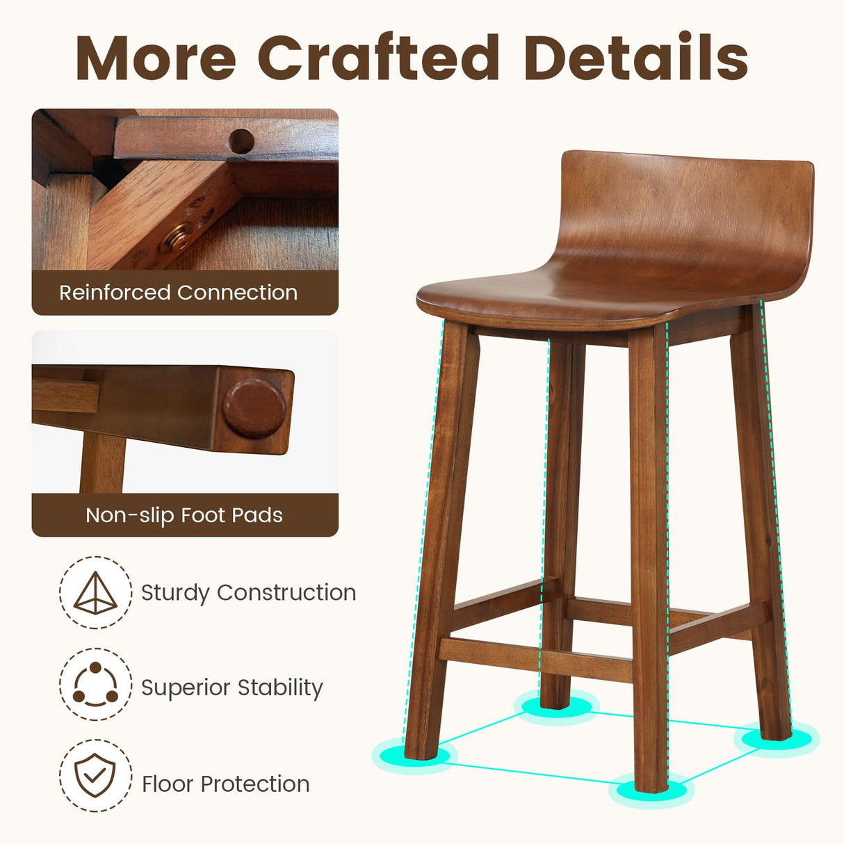Giantex 24.5" Bar Stools Set of 4, Counter Height Stools w/Backrest & Footrest, Wooden Bar Dining Chairs, Armless Solid Wood Barstools for Kitchen Island, Pub, Dining Room, Breakfast, Kitchen, Cafe Giantex