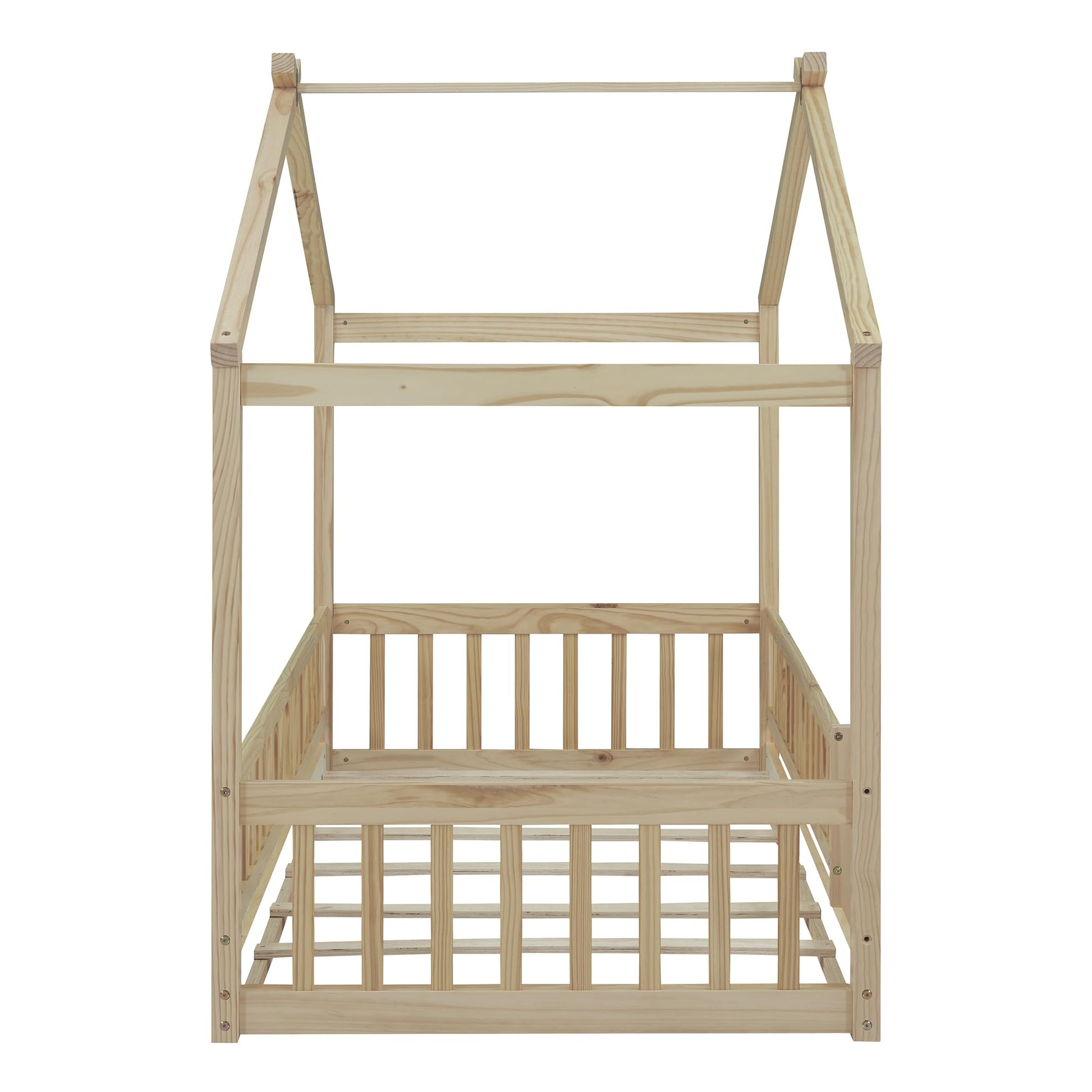 Harper & Bright Designs Twin Montessori Floor Bed with Fence Railing – Natural Wood Frame for Kids - WoodArtSupply