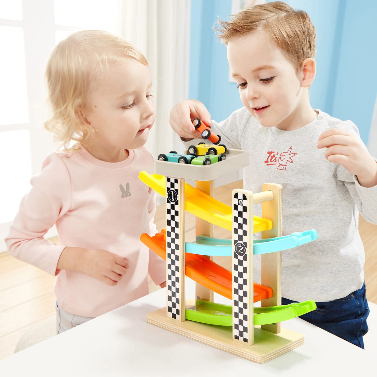Toddler Toys for 1 2 Year Old Boy and Girl Gifts Wooden Race Track Car Ramp Racer with 4 Mini Car TOP BRIGHT