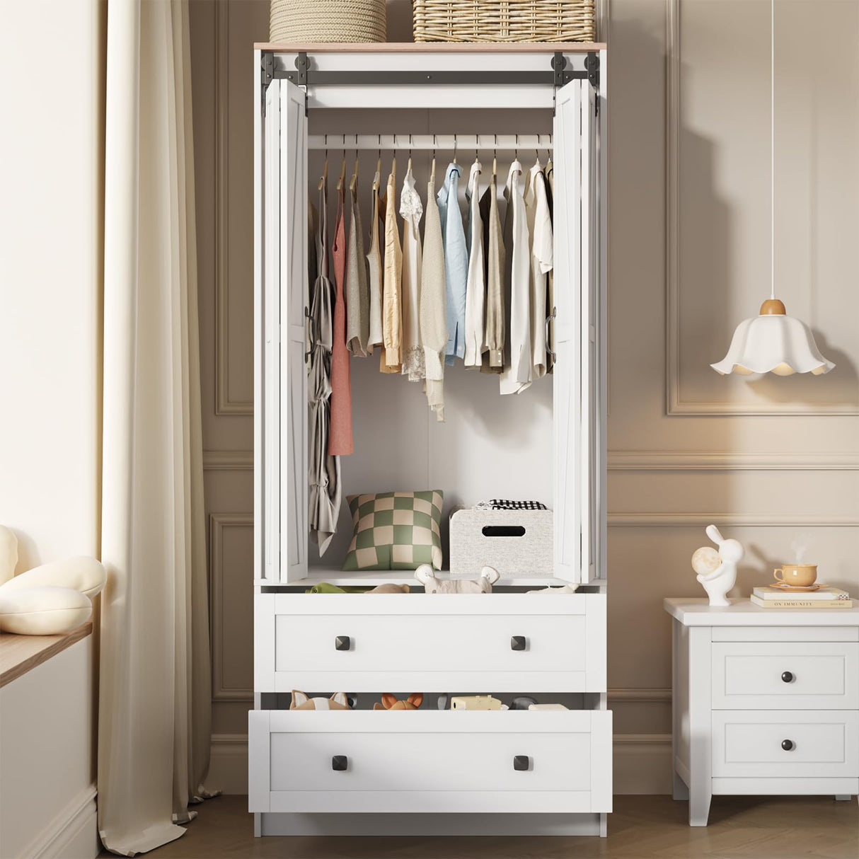 Maupvit Farmhouse Armoire with 2 Folding Sliding Barn Doors and Drawers 70.9" Tall Wooden Bedroom Wardrobe Closet with Spacious Storage Cabinet with Hanging Rod for Bedroom, White Maupvit