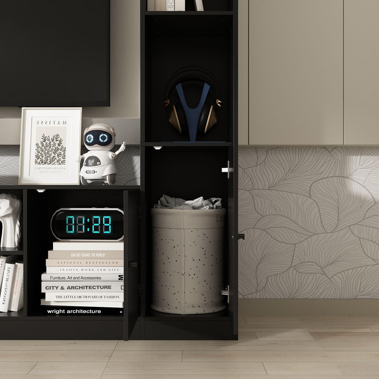 TAMUNE Entertainment Center with Bookshelves Modern Media Center with Open Shelves & Bridge TV Wall Unit with Doors, for Living Room Black (81.1”W x 11.8”D x 70.9”H) TAMUNE