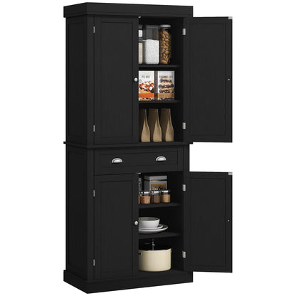 HOMCOM 72" Freestanding Kitchen Pantry Cabinet, Tall Storage Cabinet with 2 Door Cabinets, Drawer and Adjustable Shelves, Black Wood Grain - WoodArtSupply