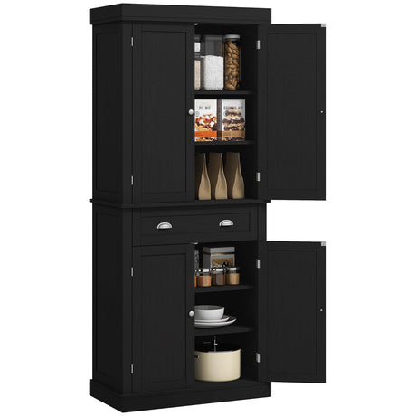 HOMCOM 72" Freestanding Kitchen Pantry Cabinet, Tall Storage Cabinet with 2 Door Cabinets, Drawer and Adjustable Shelves, Black Wood Grain HOMCOM