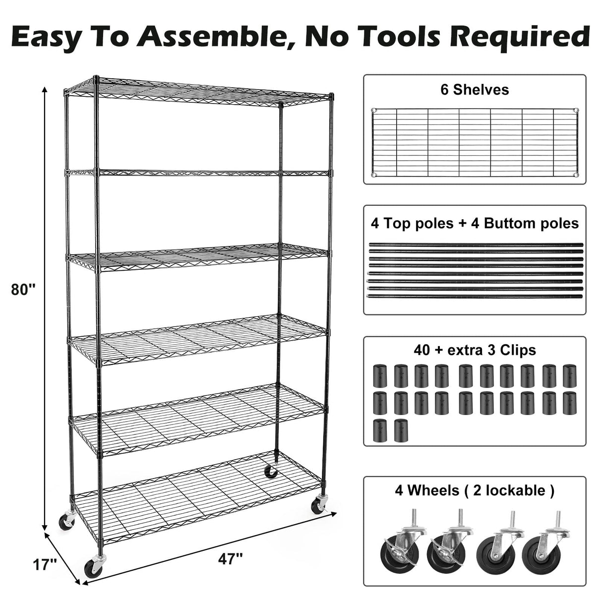 WDT NSF Certified Storage Shelves on Wheels, Heavy Duty Metal Shelves for Storage with Adjustable Stand, 6-Tier Wire Shelving Unit for Garage Pantry Kitchen Shelf Rack, 47" D x 17" W x 80" H WDT