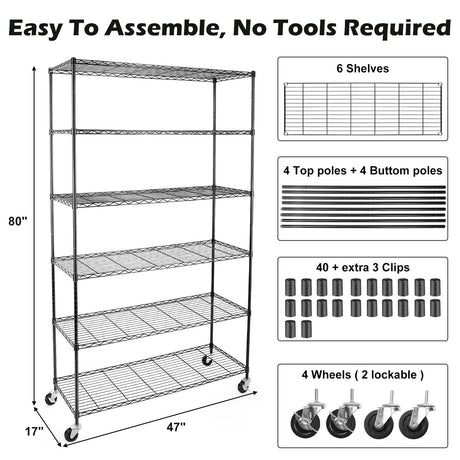 WDT NSF Certified Storage Shelves on Wheels, Heavy Duty Metal Shelves for Storage with Adjustable Stand, 6-Tier Wire Shelving Unit for Garage Pantry Kitchen Shelf Rack, 47" D x 17" W x 80" H WDT