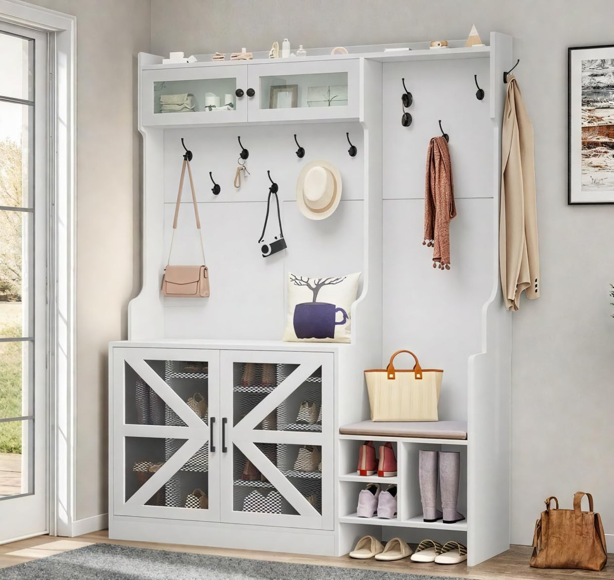 DWVO Farmhouse Hall Tree with Shoe Storage & Coat Rack Entryway Organizer with 18 Adjustable Shoe Cubbies 12 Hooks White Shoe Cabinet for Hallway DWVO