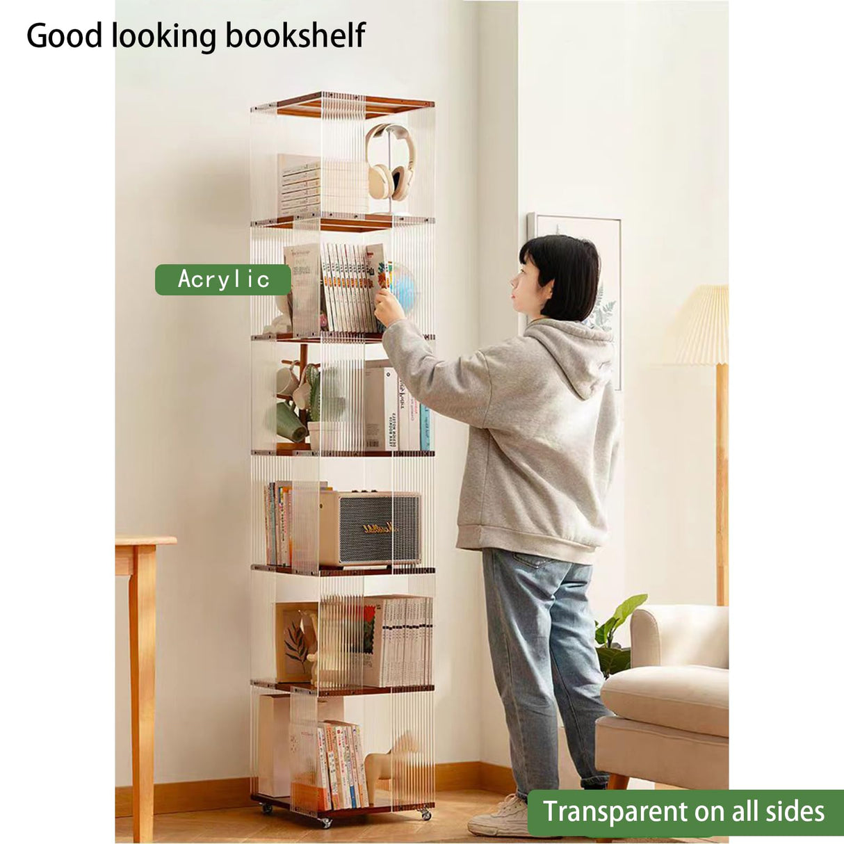 5 Tier Rotating Bookshelf, Clear Bookcase, Modern Storage Organizer Book Case for Bedroom Living Room Home Office, 360 Display Spinning Bookshelf Floor Standing Book Shelf (5 Tier - Natural) ZHUMUJIAJU
