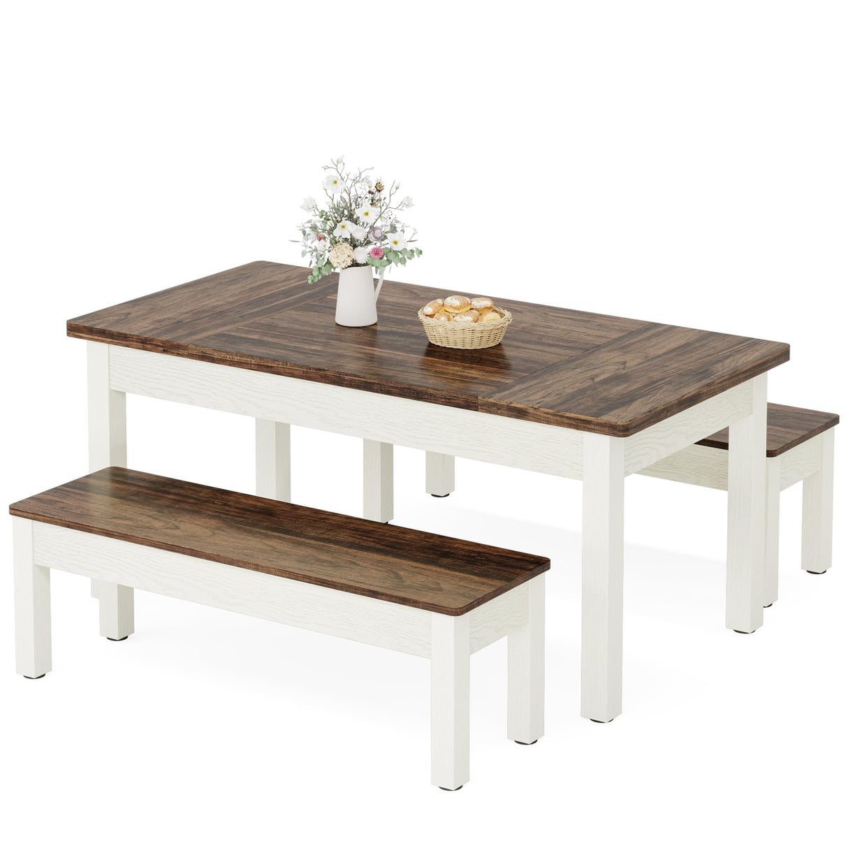 Tribesigns 3 Pieces Dining Table Set with 2 Benches, 55-Inch Wood Kitchen Table Set for 4-6, Farmhouse Space-Saving Dinette for Kitchen, Dining Room (Brown&White) Tribesigns