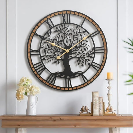 Micasso 32 in Large Tree of Life Wall Clock, Metal Black Modern Wall Clock with Solid Wood Frame, Oversized Non-Ticking Battery Operated Silent Clock for Office,Living Room,Kitchen Micasso
