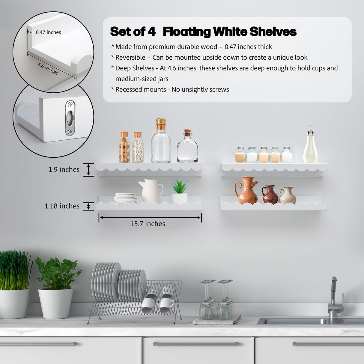 Green Goods Supply Scalloped Shelves - Set of 4 Pre-Assembled 15.6inch White Floating Nursery Book Shelves, Scalloped Book Shelf - Kids Wall Decor, Nursery Decor, Floating Shelves for Wall Green Goods Supply