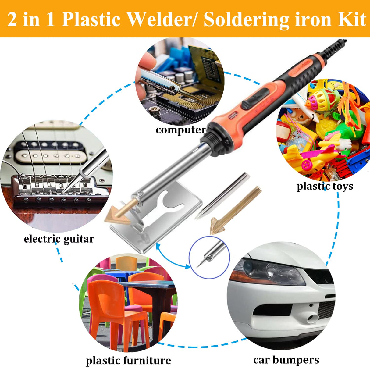 100W Plastic Welder, 2-in-1 Plastic Welding Kit with Soldering Iron Tips & 56Pcs Rods, 3-Speed Temperature Control Soldering Iron Gun, Professional Surface Repair Tool for Car Bumper,Dashboard, Kayak Ghguole