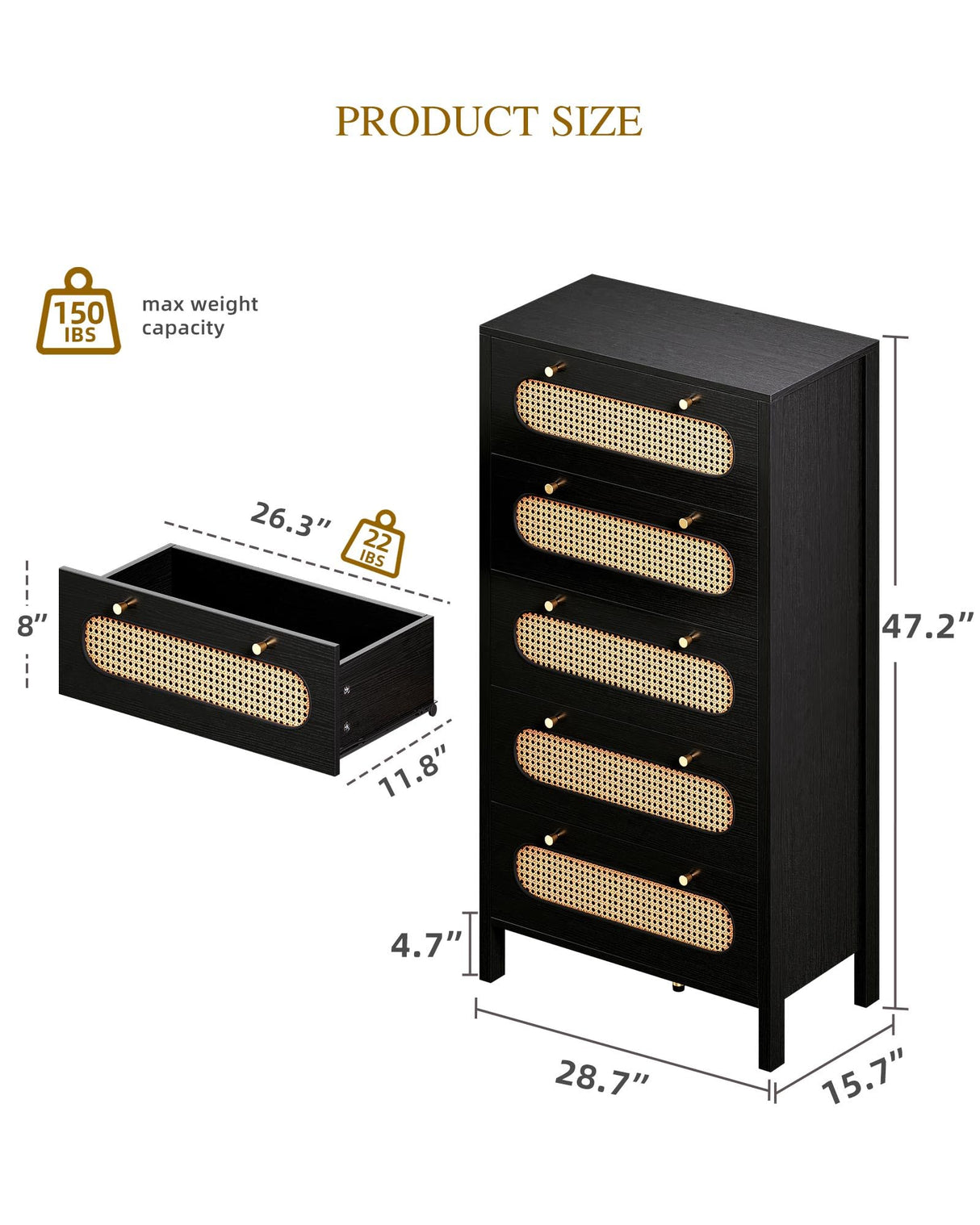 DWVO 47" Tall Natural Rattan 5 Drawer Boho Dresser Chest of Drawers with Golden Handles, Wood Dresser Storage Cabinet for Hallway, Entryway, Hold up to 300lbs, Black DWVO