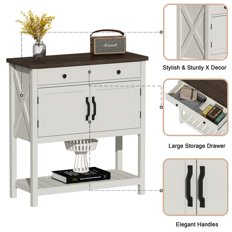 ChooChoo Farmhouse Console Table, Entryway Table with Storage Shelf, Coffee Bar Cabinet, Narrow Buffet Sideboard for Kitchen, Hallway, Living Room, White ChooChoo