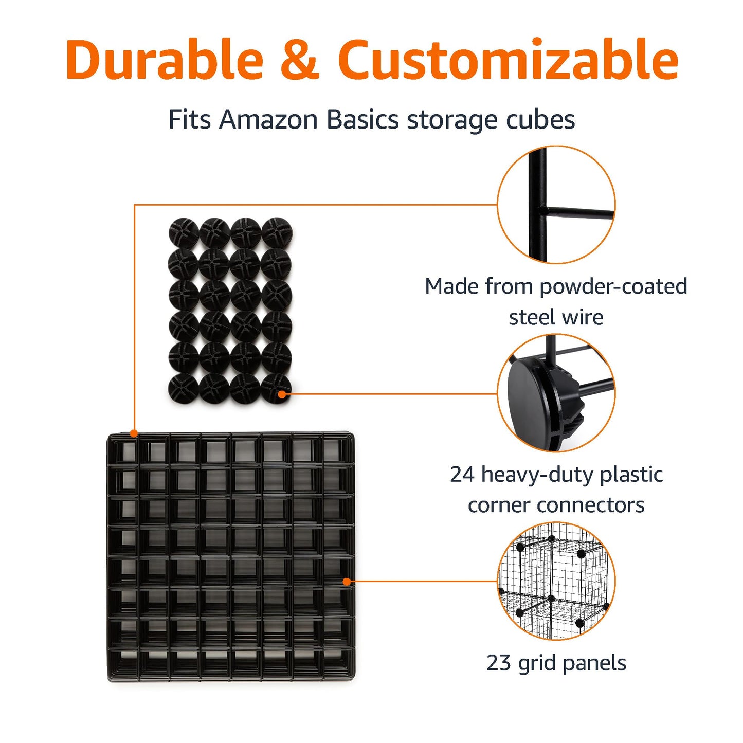 Amazon Basics 6-Cube Wire Grid Stackable Storage Shelves, 12 x 12-Inches, Black, 12.6"D x 26"W x 38"H