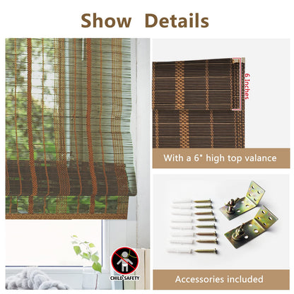 FACIMI Blackout Bamboo Roman Blinds, Roll-Up Natural Woven Shades with 6" H Valance, Custom Light Filtering Bamboo Shades for Windows, Doors, Patio Door, Porch, Color 9