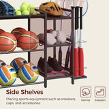 MAHANCRIS Sports Equipment Organizer, 3 Tier Ball Storage Rack with Baseball Bat Holder, Indoor & Outdoor Basketball Racks for Volleyball, Football, Garage Organizer with Sheleves, Black BEHR17301 MAHANCRIS