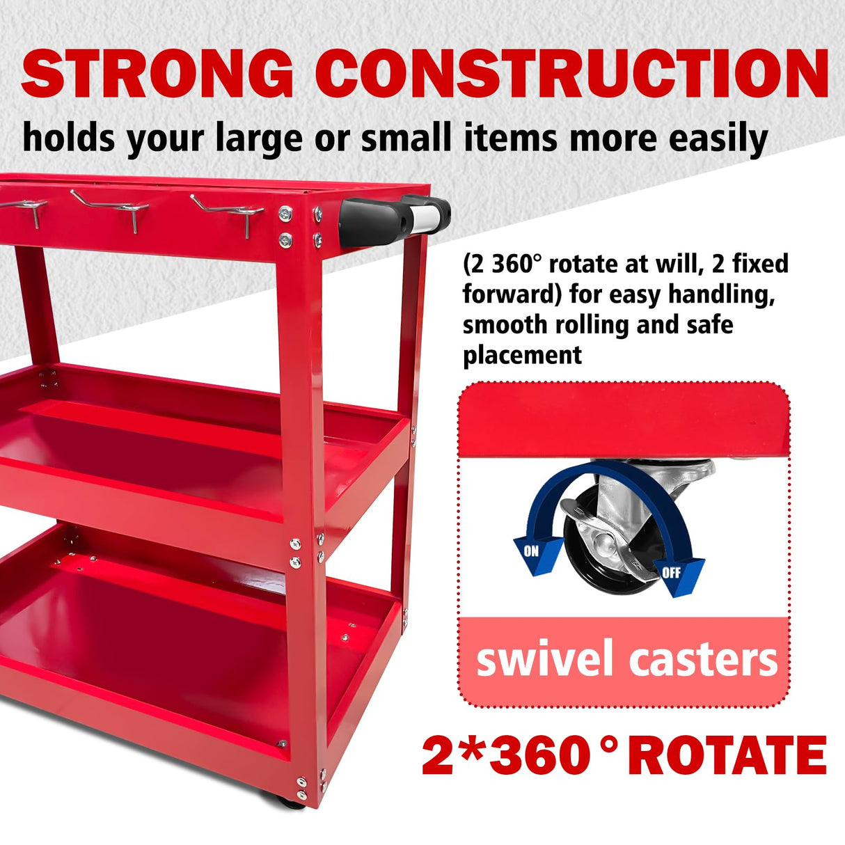 YATOINTO 3-Tier Rolling Tool Cart, Metal Rolling Cart with Side Hooks Wheels, 330LBS Heavy Duty Utility Carts, Handle Rolling Mechanic Tool Cart YATOINTO