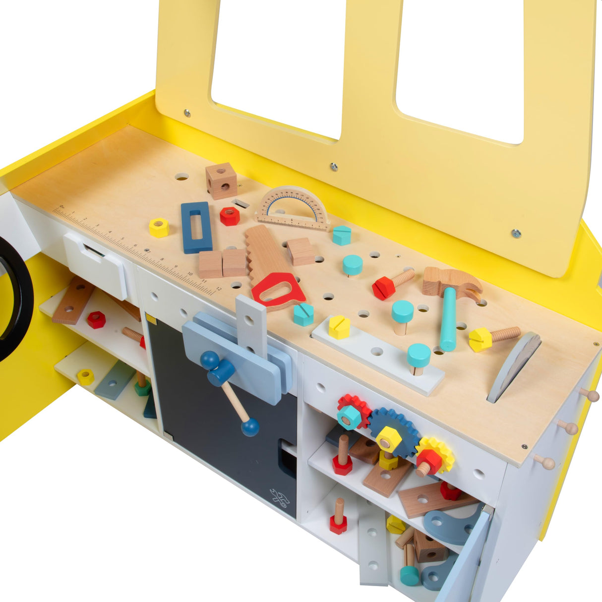 Construction Truck Wooden Playset w 60+ Toy Pieces- Pretend Hammer Saw Bolts & Screws- Spinning Turn Saw, Steering Wheel & Wood to Saw Apart, Dual Sided Play Stand, Workbench Building for Kids Gift Svan