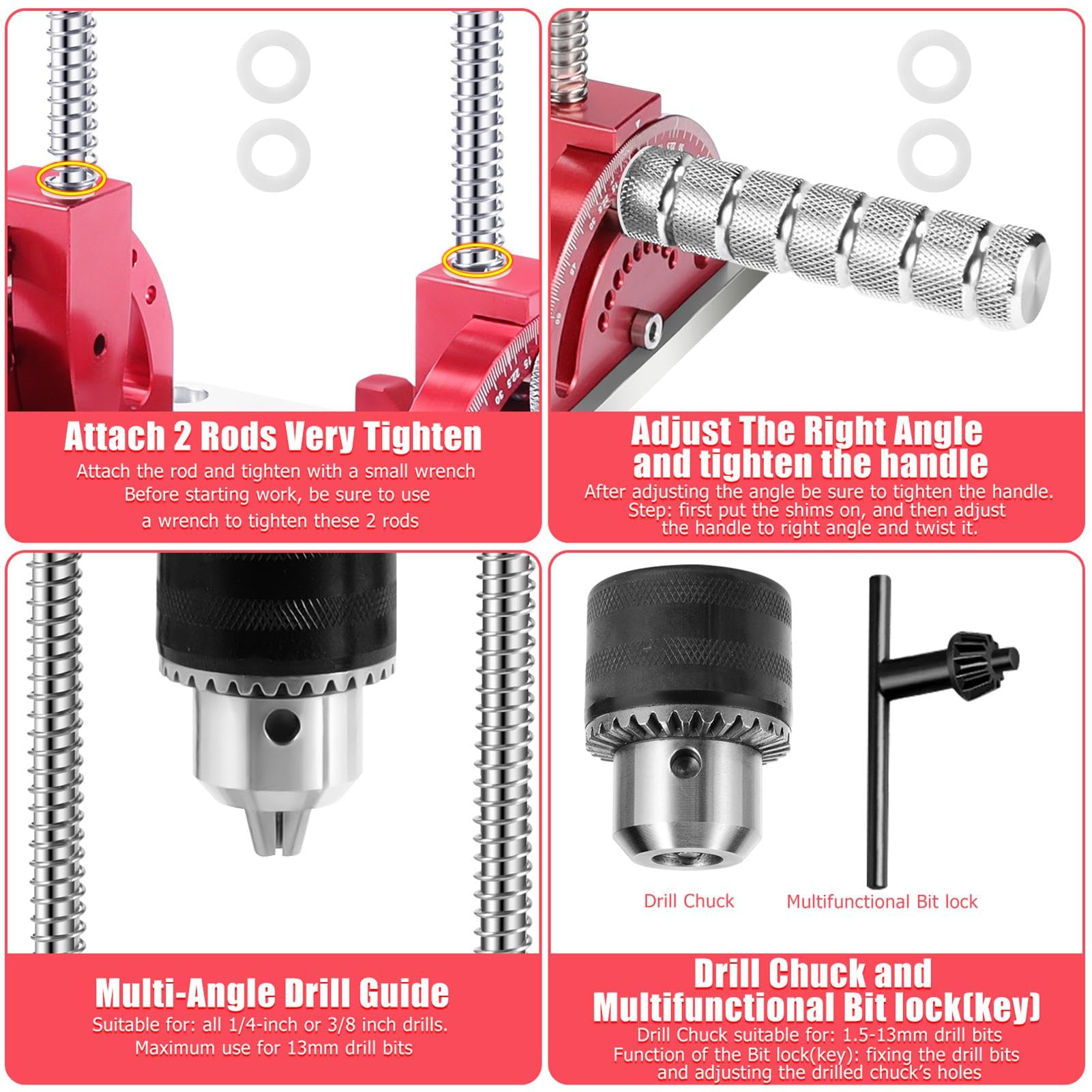 Multi Angle Drill Guide Portable Drill Guide Precision Drill Guide for 1/16" - 1/2" Power Drills,Portable Multi-Angle Drill Guide for Hand Drill with Drill Chuck & Key, Self-Centering Hand Dr - WoodArtSupply