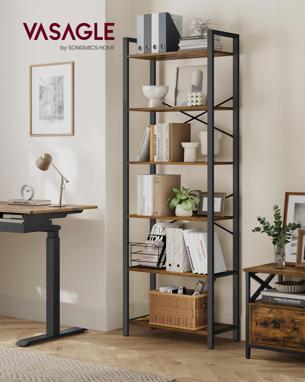 VASAGLE 6-Tier Bookshelf, Bookcase with Steel Frame, Book Shelf for Living Room, Home Office, Study, 11.8 x 26 x 73.2 Inches, Industrial Style, Rustic Brown and Ink Black ULLS062B01 VASAGLE