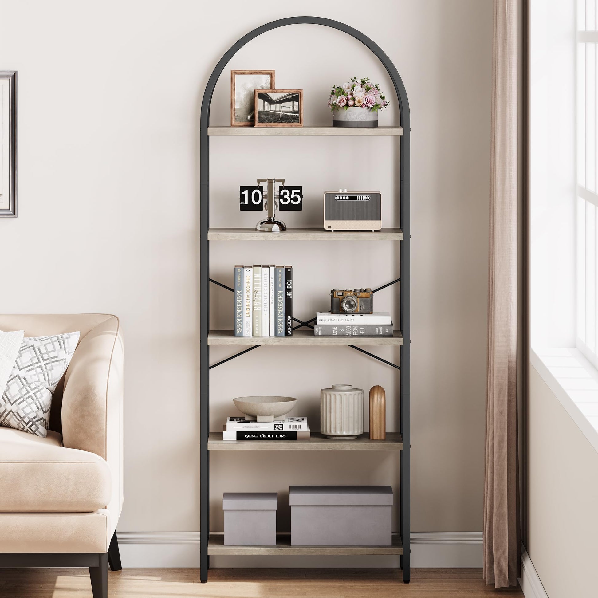 IDEALHOUSE 5-Tier Grey Bookshelf – Stylish Arched Display Rack for Home, Office, or Living Room Storage - WoodArtSupply