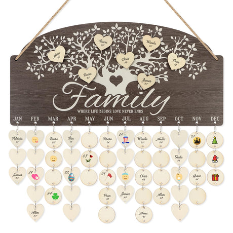 CHDITB Personalized Family Tree Birthday Reminder Board(16"x8"), Wooden Family Birthday Tracker Wall Hanging with 100 Tags, DIY Birthday Gifts for CHDITB