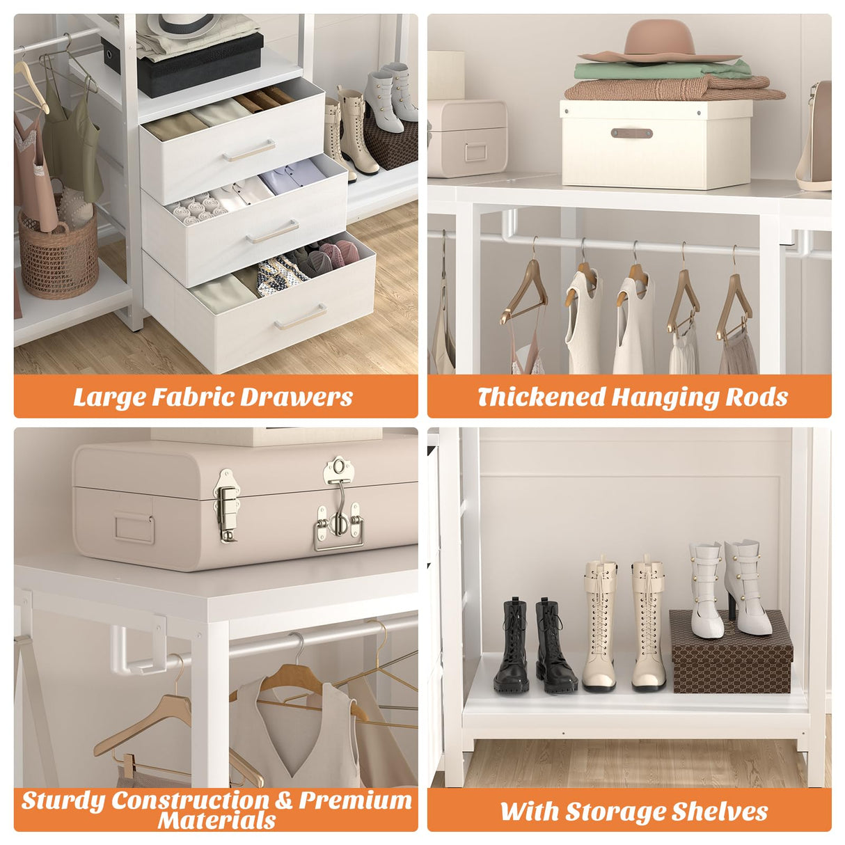 Aheaplus Garment Rack Heavy Duty Clothes Rack for Hanging Clothes,Clothing Rack with Drawers, Wood Stoarge Shelf Freestanding Closet Wardrobe Rack, Corner L Shaped Closet System Organizers, W3,White Aheaplus