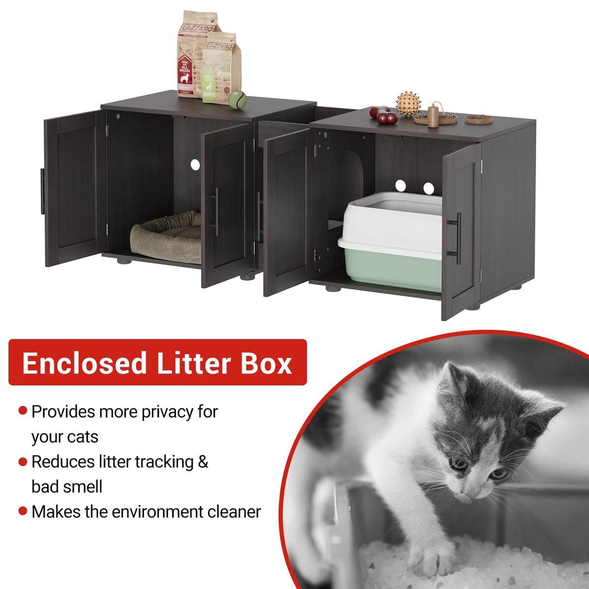 Festisoul Double Compartment Cat Litter Box Enclosure with Hidden Design, Wooden Cat Washroom Furniture for Indoor Cats, Hidden Litter Box Cabinet in Hidden Mountain Walnut Festisoul