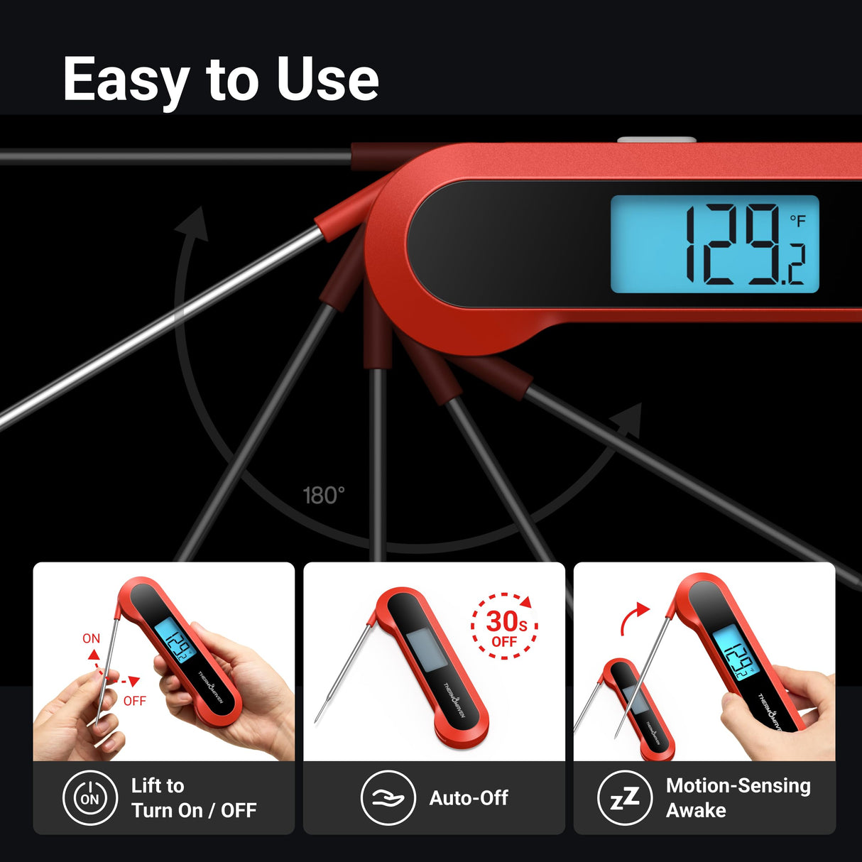Professional 0.5 Sec Instant-Read-Meat-Thermometer-Digital, NIST Certified ±0.5℉ Accuracy, Auto Rotate Large LCD Display, 100% Waterproof Cooking Thermometer for Grill BBQ Smoker Oven Candy, Red ThermoMaven