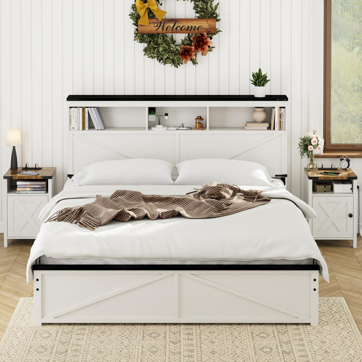 Fameill Nightstands Set of 2, Farmhouse End Tables with Charging Station, Bedside Tables with Barn Door and Shelf, Rustic Living Room Bedroom Side Table, Modern White Fameill