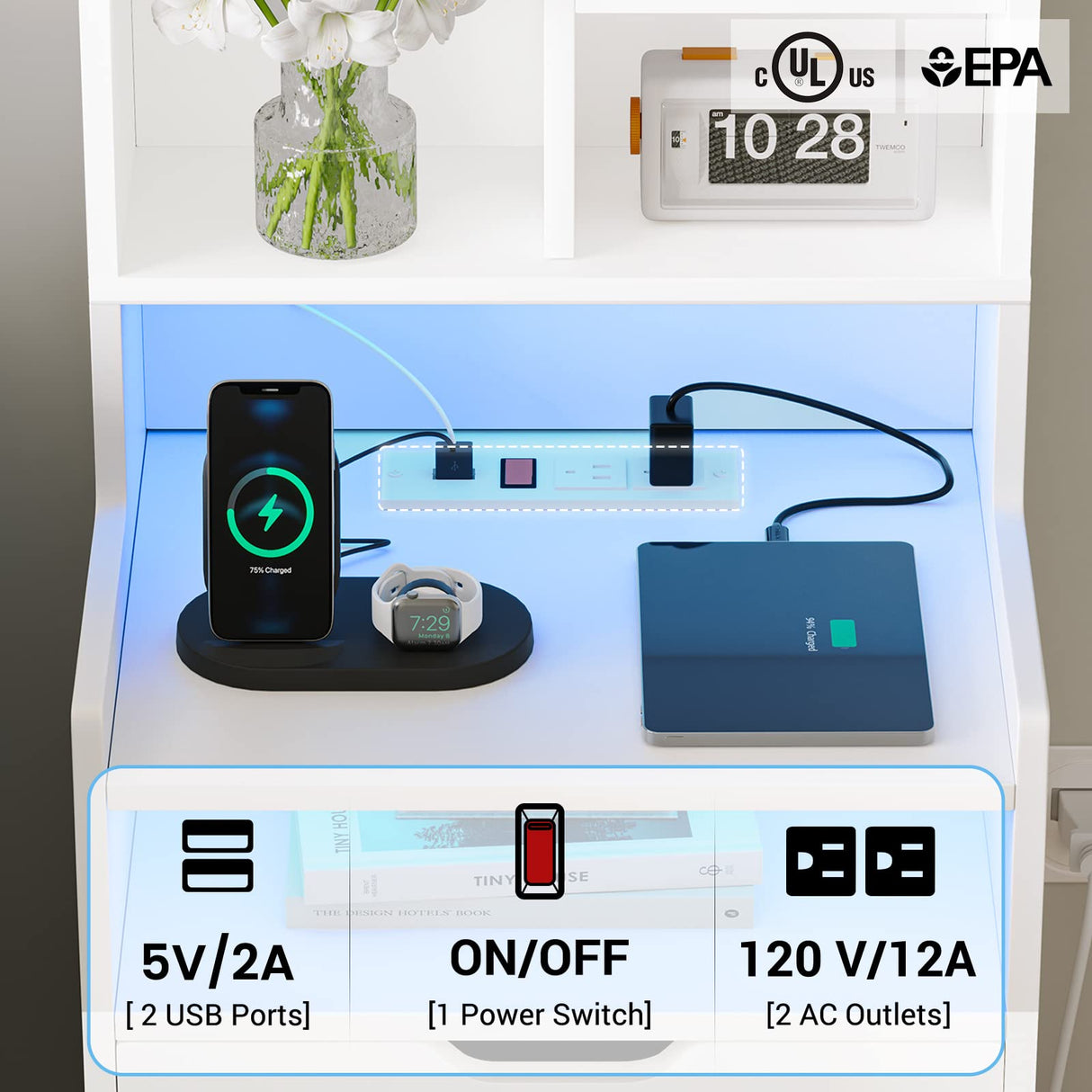 Modern LED Tall Nightstand Set of 2 with Charging Station and Storage, White ADORNEVE