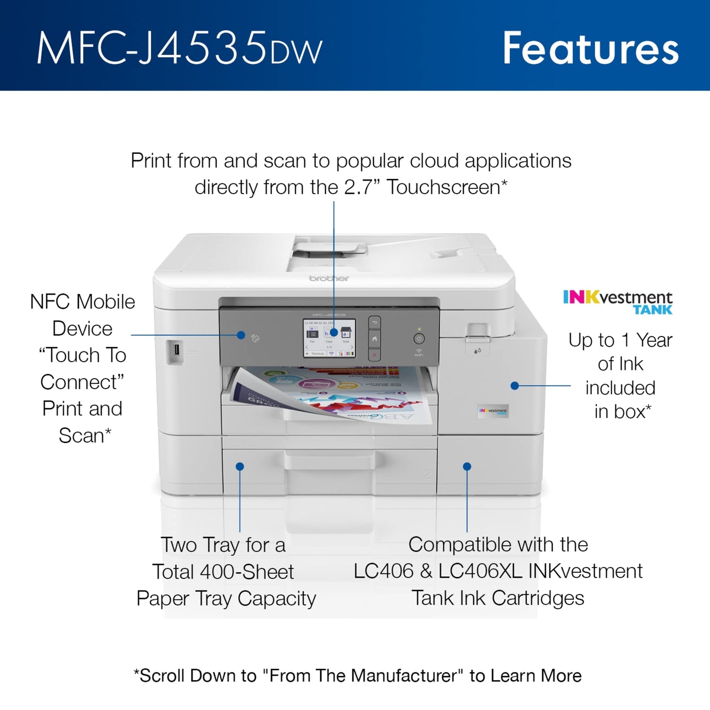 Brother MFC-J4535DW INKvestment -Tank All-in-One Color Inkjet Printer with NFC, Duplex and Wireless Printing Plus Up to 1-Year of Ink in-Box, White