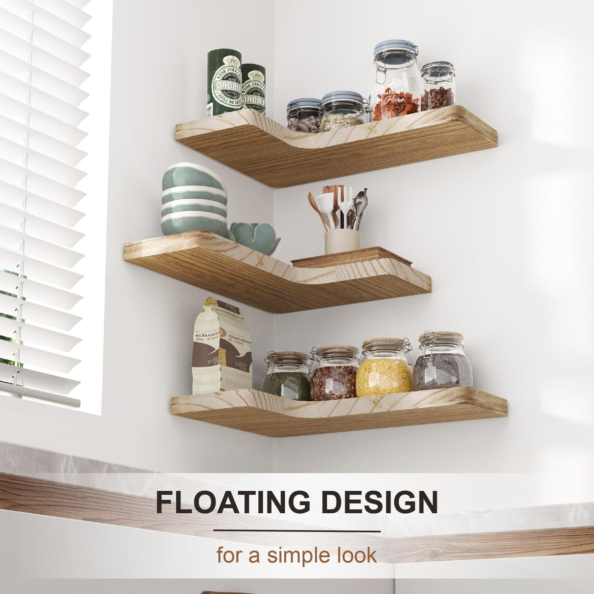 fuqing Floating Corner Shelves, Wall Shelf Set of 3, Shelves for Wall Storage, Solid Wood Shelves for Storage, Wall Mount Wooden Display Shelf for Bathroom Bedroom Kitchen Garage, Carbonized Black fuqing