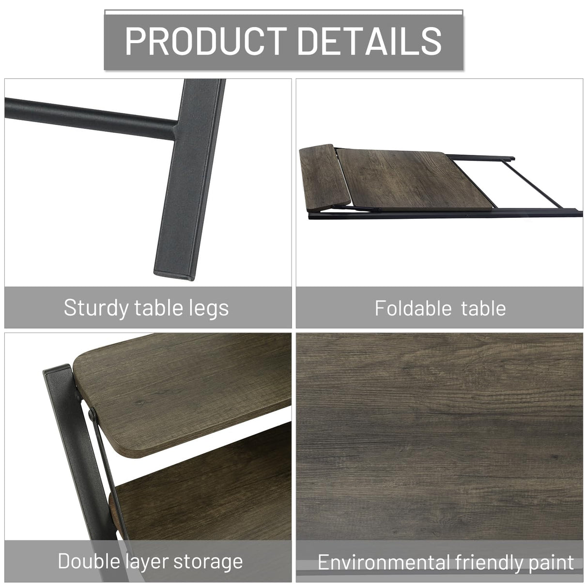 Folding Desk 2-Tier Foldable Table Space Saving Computer Table Writing Workstation for Home Office with Metal Frames/Wood Top Laptop, No Assembly Required, Rustic Brown, 31.9(L) x 20.5(D) x 33.5(H) FurnitureR