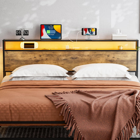 KZNGK King Size LED Headboard with Charging Station and Industrial Storage Design KZNGK