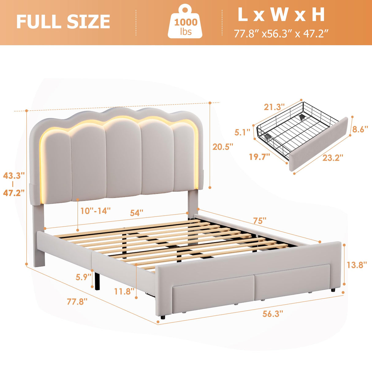 Full Upholstered LED Bed Frame with 2 Storage Drawers and Adjustable Chic Double Wavy Headboard, Velvet Prince Platform Bed with Charing Station, Solid Wood Slats Support,No Box Spring Needed,Grey Jocoevol